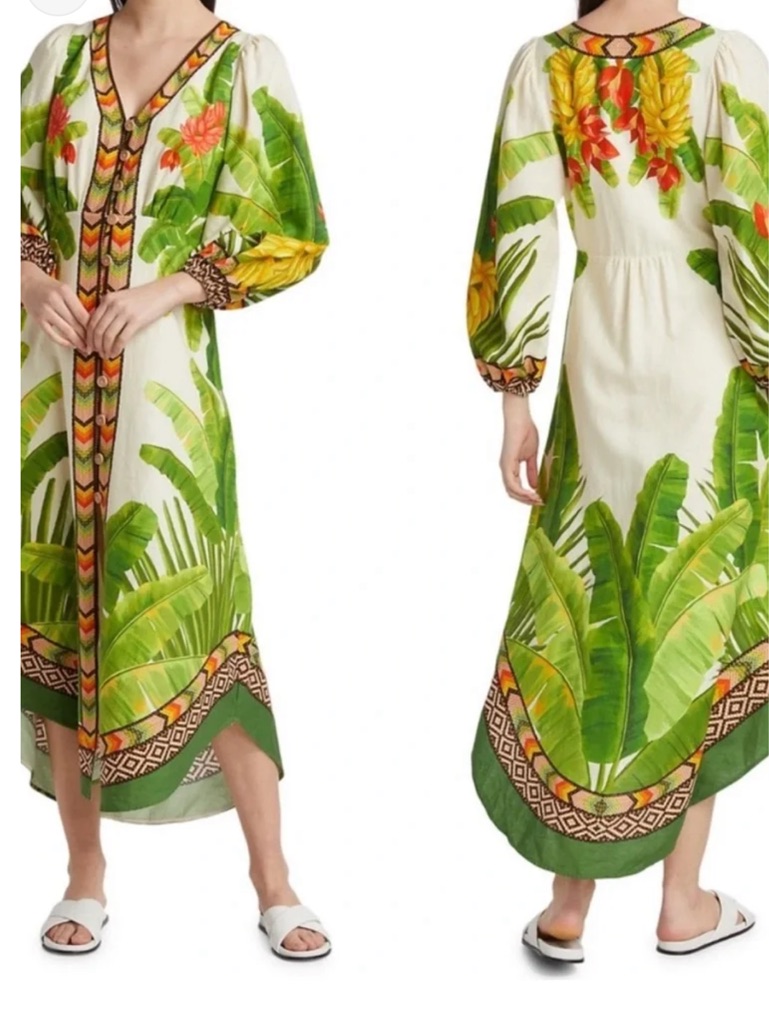 Farm Rio Fresh Forest Green Linen Blend Dress
